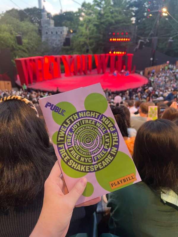 The Delacorte Theater in Central Park, section: M, row: Y, seat: 211