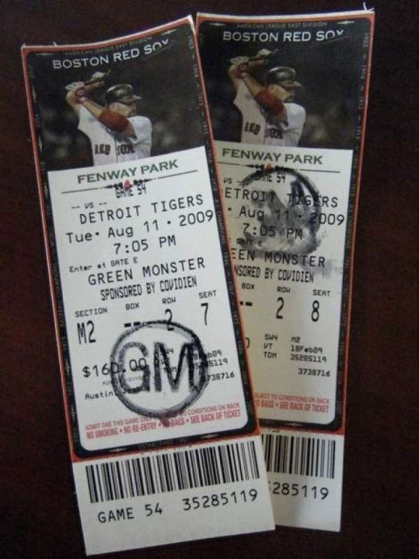 Fenway Park, section: Green Monster 2, row: 2, seat: 7-8