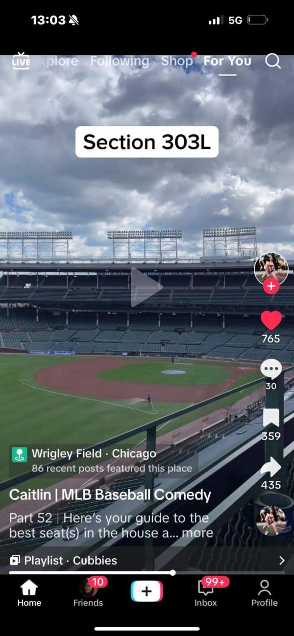 Wrigley Field, section: 303L, row: 1, seat: 10