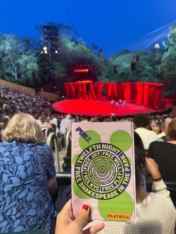 The Delacorte Theater in Central Park, section: G, row: Y, seat: 212